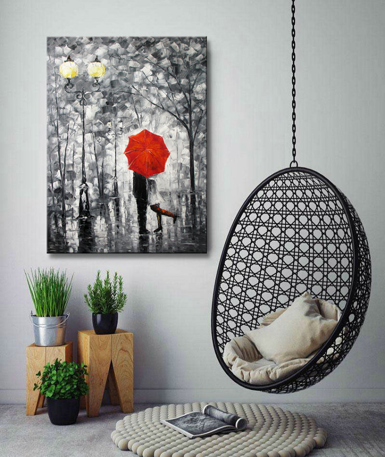 Lovers Kiss under the one umbrella Large Wall Art